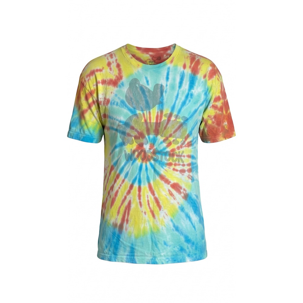 Woodstock Tie Dye Graphic T Shirt 2XL Blue Yellow Red Glitter Bird Guitar Logo